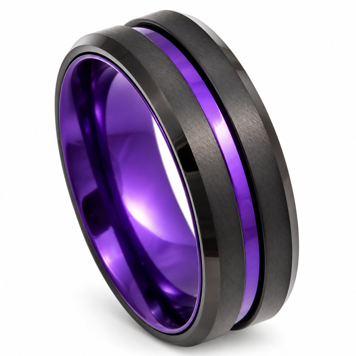 Black Matte with Purple Inlay Tungsten 8mm Wedding Band — angled studio product view