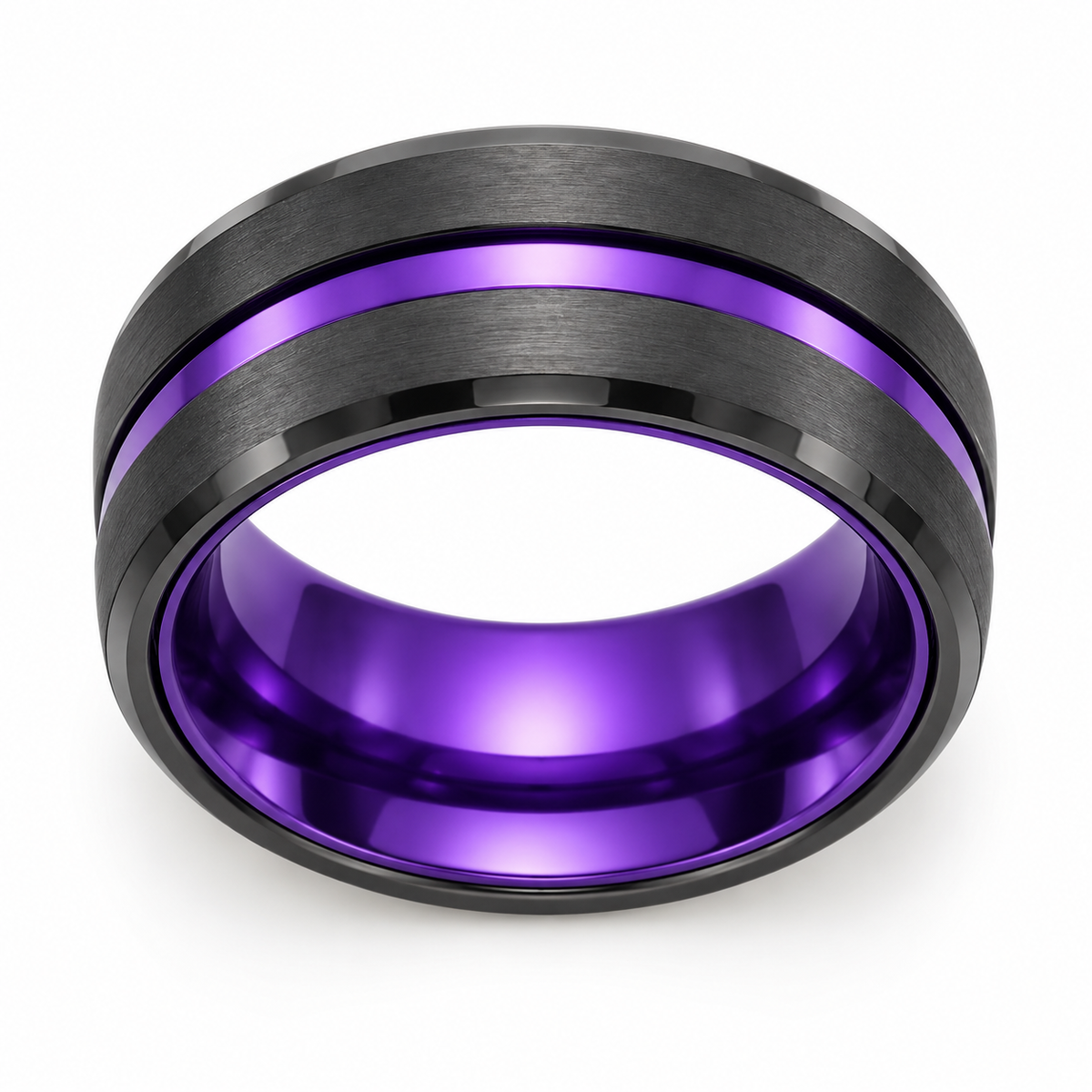 Black Matte with Purple Inlay Tungsten 8mm Wedding Band — topdown studio product view