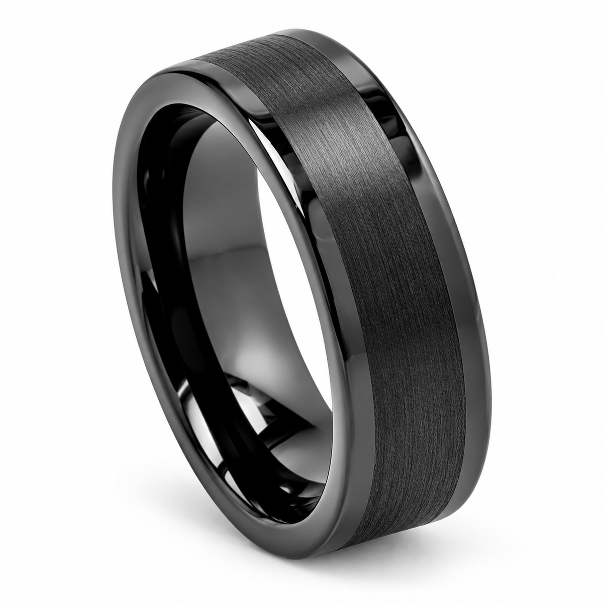 Black Tungsten 8mm Polished Wedding Band for Men — angled studio product view