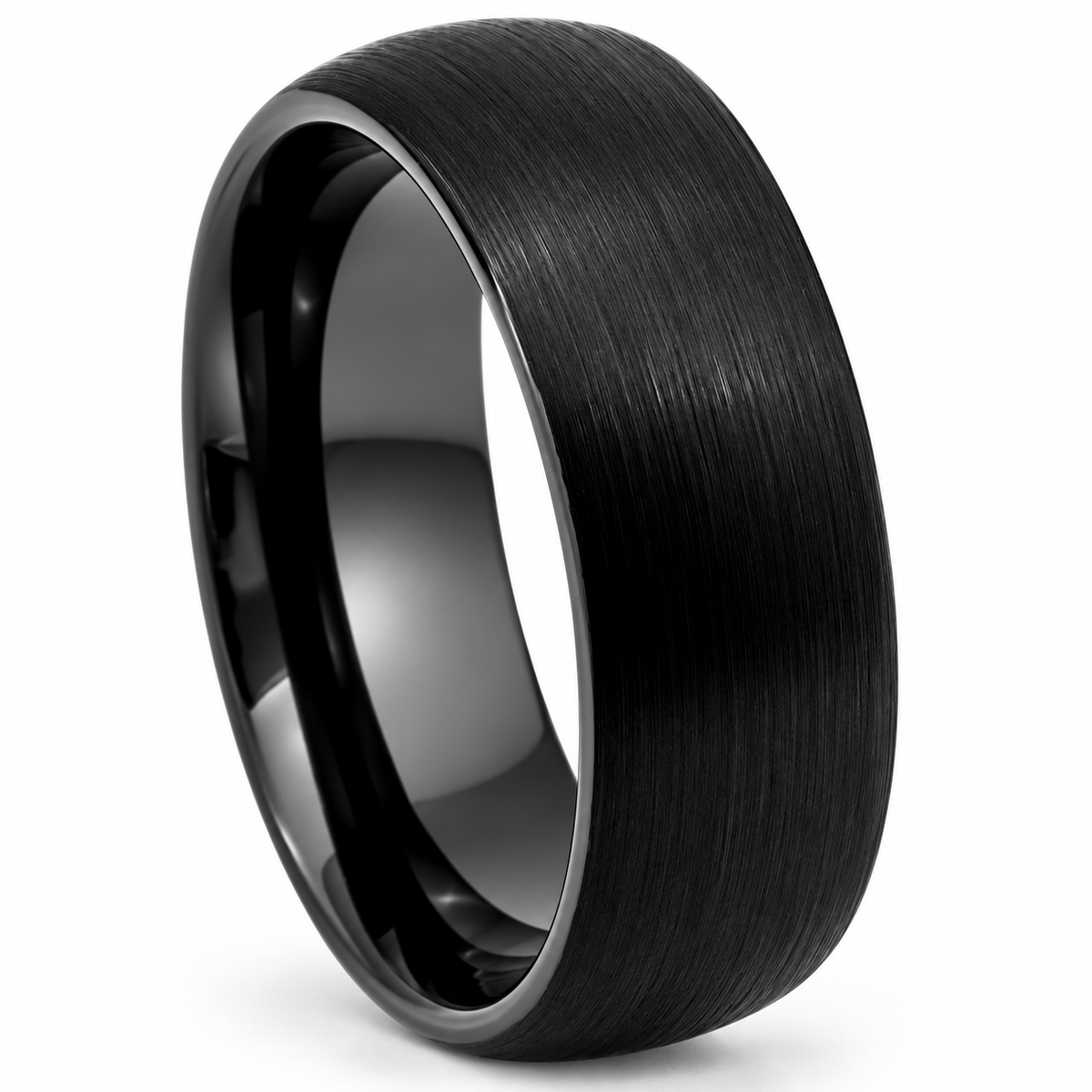 Black Brushed Finish Tungsten 8mm Wedding Band — angled studio product view