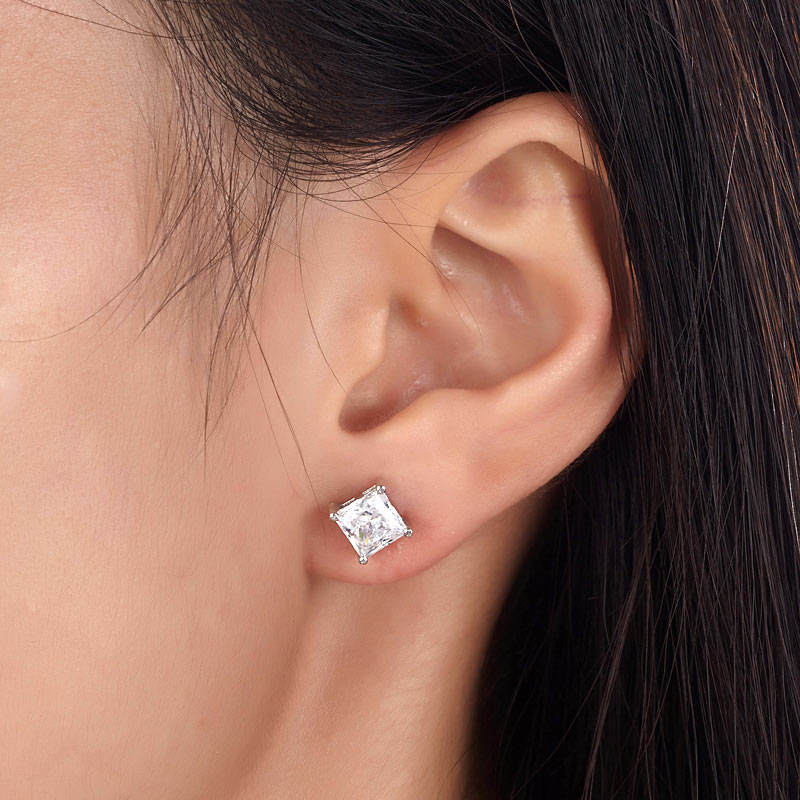 925 Sterling Silver Stud Earrings 1 Carat Princess Cut Simulated Diamond  XFE8077