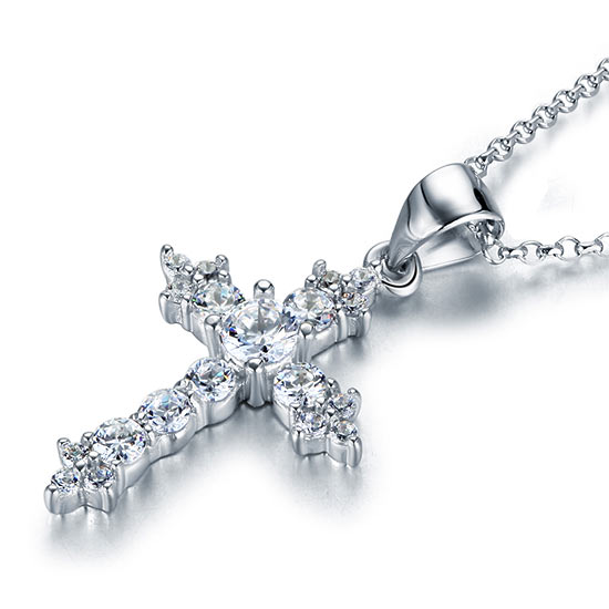 Round Cut Simulated  Diamond 925 Sterling Silver Cross Pendant Necklace XFN8028