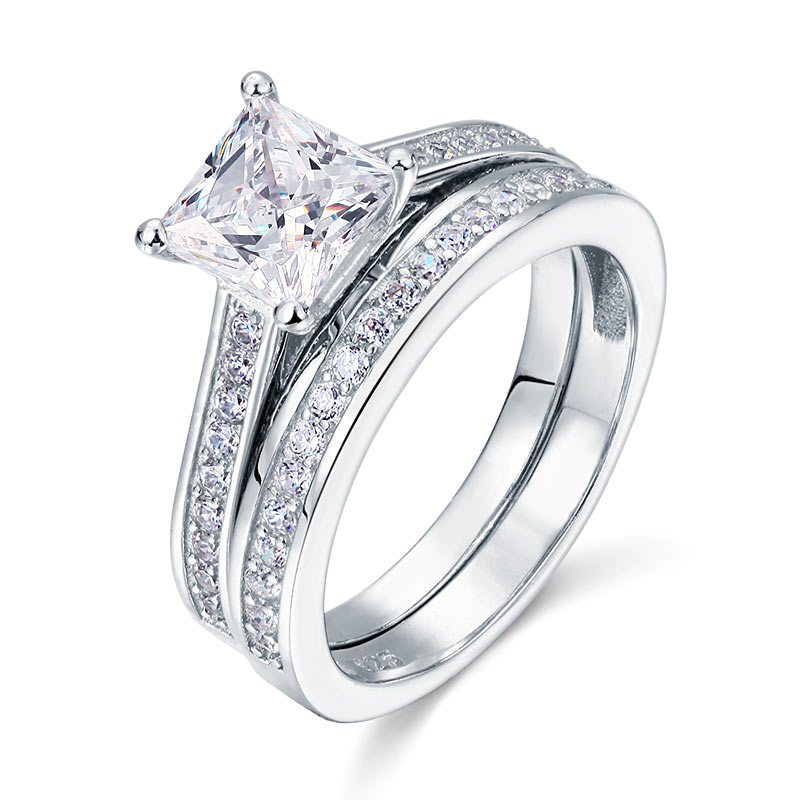 1.5 Carat Princess Cut Simulated Diamond 925 Sterling Silver 2-Pcs Wedding Engagement Ring Set XFR8009S