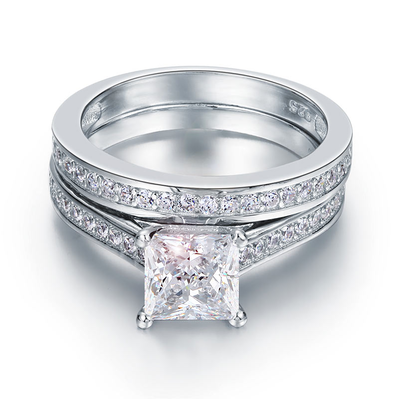 1.5 Carat Princess Cut Simulated Diamond 925 Sterling Silver 2-Pcs Wedding Engagement Ring Set XFR8009S