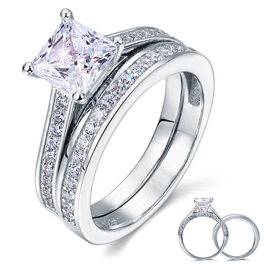 1.5 Carat Princess Cut Simulated Diamond 925 Sterling Silver 2-Pcs Wedding Engagement Ring Set XFR8009S