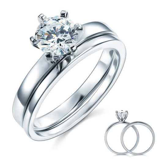 Sterling 925 Silver 1.25 Carat Simulated Diamond 2-Pc Ring Set 6 Claws XFR8031