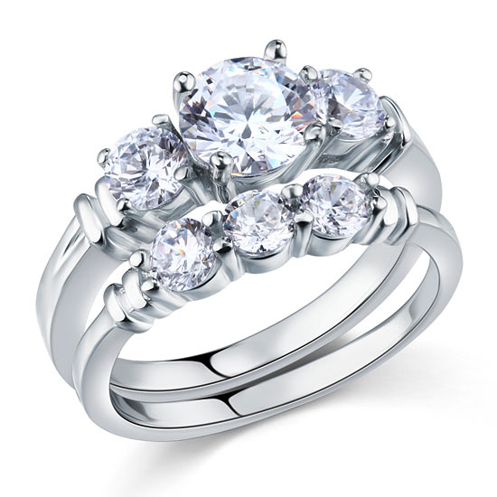 Simulated Diamond 2-Pc Solid Sterling 925 Silver Ring Set XFR8066
