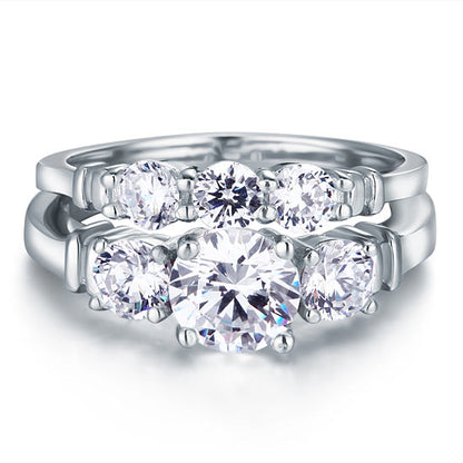 Simulated Diamond 2-Pc Solid Sterling 925 Silver Ring Set XFR8066