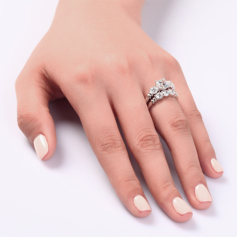 Simulated Diamond 2-Pc Solid Sterling 925 Silver Ring Set XFR8066