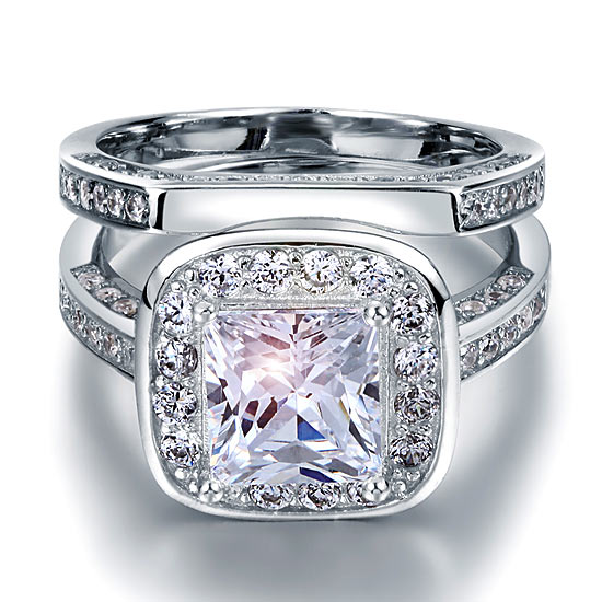 Vintage Style 2 Carat Simulated Diamond Solid Sterling 925 Silver 2-Pc Bridal Wedding Engagement Ring Set XFR8095