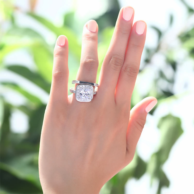 Vintage Style 2 Carat Simulated Diamond Solid Sterling 925 Silver 2-Pc Bridal Wedding Engagement Ring Set XFR8095