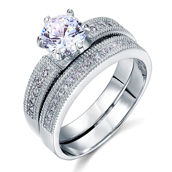 Vintage Style 1.25  Solitaire Simulated Diamond Solid Sterling 925 Silver 2-Pc Bridal Wedding Engagement Ring Set XFR8096