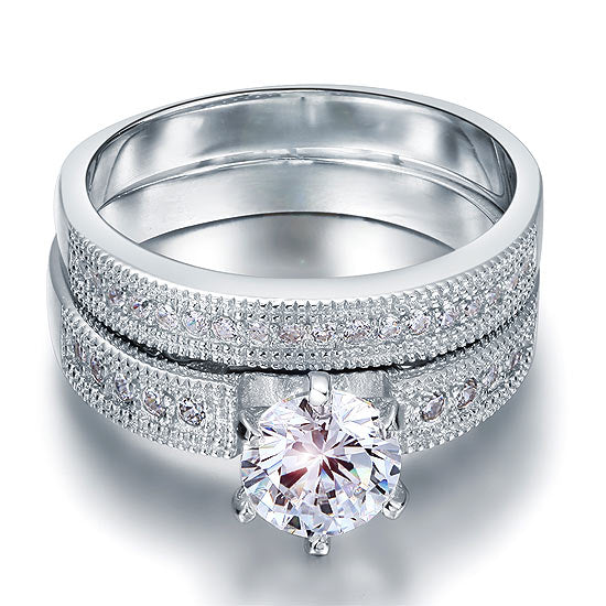Vintage Style 1.25  Solitaire Simulated Diamond Solid Sterling 925 Silver 2-Pc Bridal Wedding Engagement Ring Set XFR8096