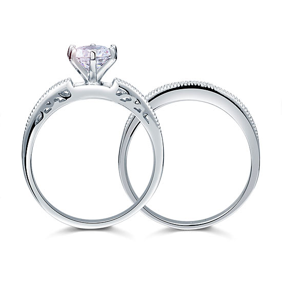 Vintage Style 1.25  Solitaire Simulated Diamond Solid Sterling 925 Silver 2-Pc Bridal Wedding Engagement Ring Set XFR8096