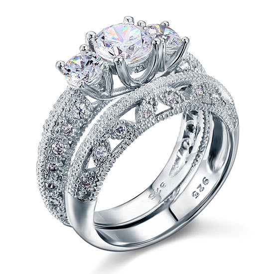 Vintage Style Victorian Art Deco 1.5 Carat Simulated Diamond Solid Sterling 925 Silver 2-Pcs Wedding Engagement Ring Set XFR8100