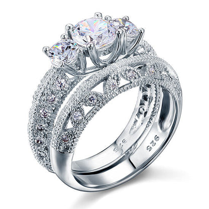 Vintage Style Victorian Art Deco 1.5 Carat Simulated Diamond Solid Sterling 925 Silver 2-Pcs Wedding Engagement Ring Set XFR8100