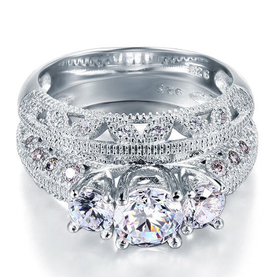 Vintage Style Victorian Art Deco 1.5 Carat Simulated Diamond Solid Sterling 925 Silver 2-Pcs Wedding Engagement Ring Set XFR8100