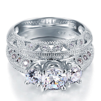 Vintage Style Victorian Art Deco 1.5 Carat Simulated Diamond Solid Sterling 925 Silver 2-Pcs Wedding Engagement Ring Set XFR8100