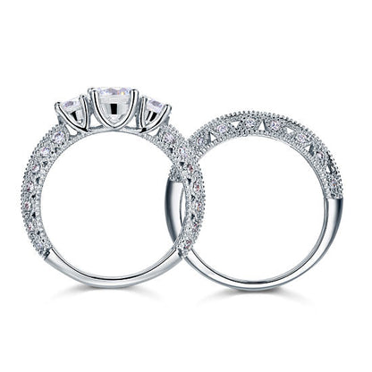 Vintage Style Victorian Art Deco 1.5 Carat Simulated Diamond Solid Sterling 925 Silver 2-Pcs Wedding Engagement Ring Set XFR8100