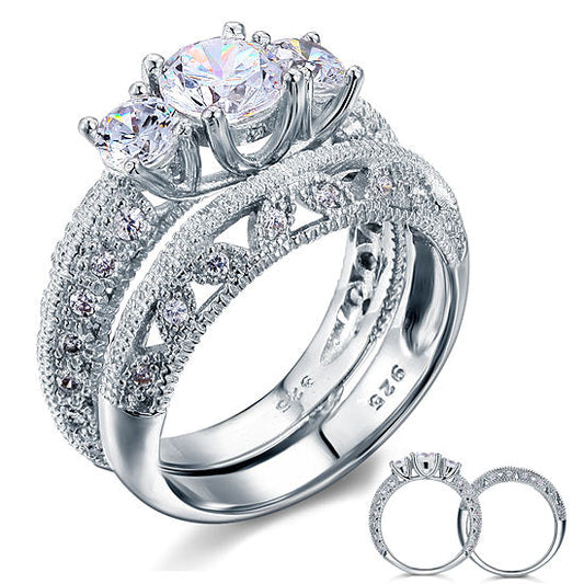 Vintage Style Victorian Art Deco 1.5 Carat Simulated Diamond Solid Sterling 925 Silver 2-Pcs Wedding Engagement Ring Set XFR8100