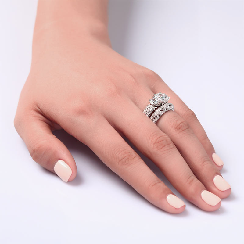Vintage Style Victorian Art Deco 1.5 Carat Simulated Diamond Solid Sterling 925 Silver 2-Pcs Wedding Engagement Ring Set XFR8100