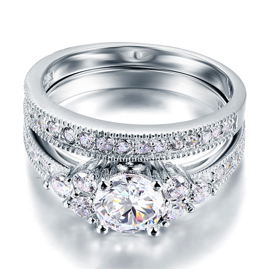 Vintage Style 1 Carat Simulated Diamond Solid Sterling 925 Silver 2-Pc Wedding Engagement Ring Set XFR8102