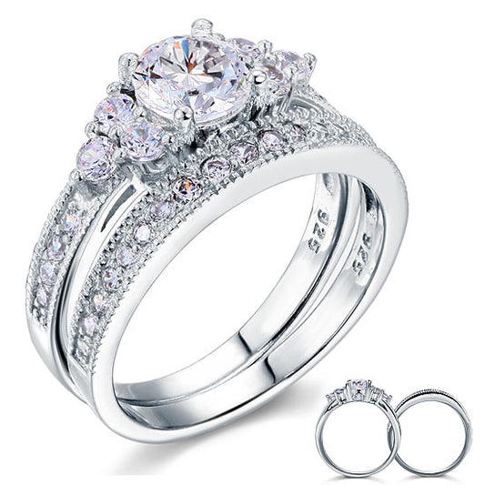 Vintage Style 1 Carat Simulated Diamond Solid Sterling 925 Silver 2-Pc Wedding Engagement Ring Set XFR8102