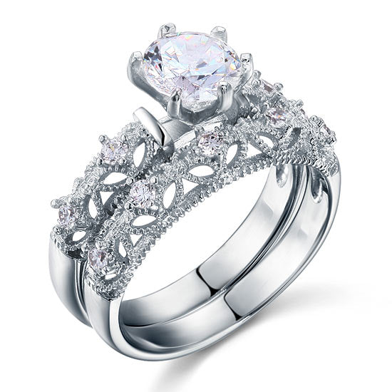 Vintage Style Victorian Art Deco 1.25 Carat Simulated Diamond Solid Sterling 925 Silver 2-Pcs Wedding Engagement Ring Set XFR8103