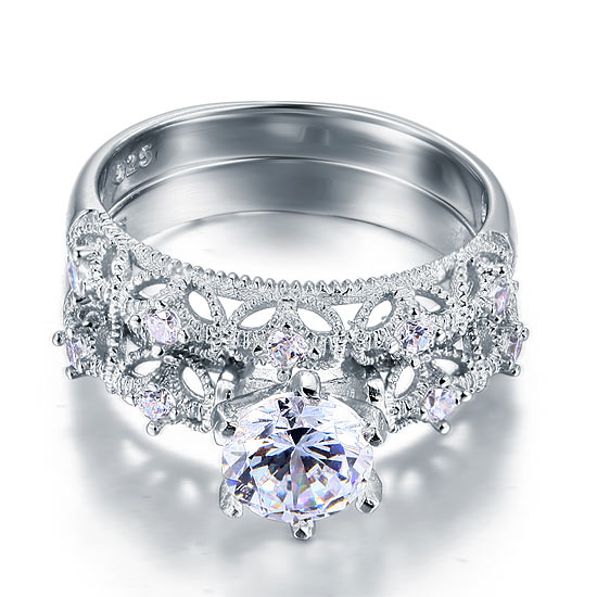Vintage Style Victorian Art Deco 1.25 Carat Simulated Diamond Solid Sterling 925 Silver 2-Pcs Wedding Engagement Ring Set XFR8103