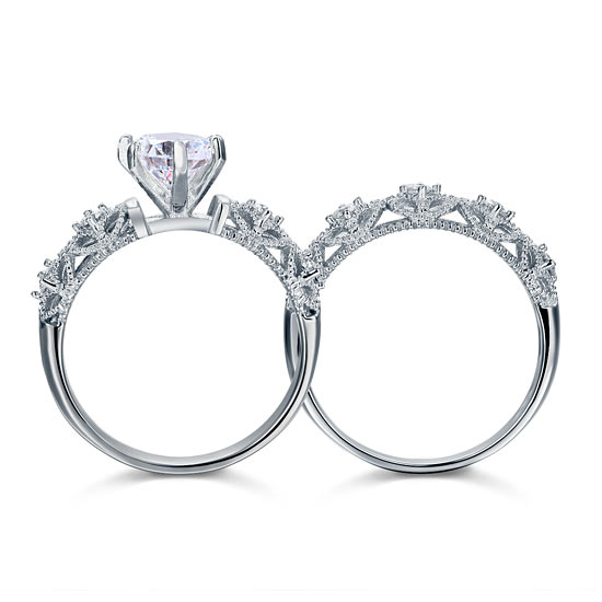 Vintage Style Victorian Art Deco 1.25 Carat Simulated Diamond Solid Sterling 925 Silver 2-Pcs Wedding Engagement Ring Set XFR8103