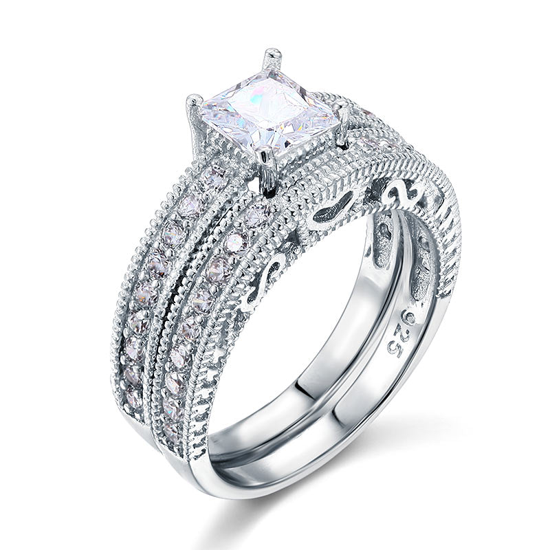 Vintage Style Victorian Art Deco 1 Carat Simulated Diamond Solid Sterling 925 Silver 2-Pc Wedding Engagement Ring Set XFR8104