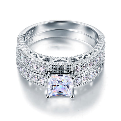 Vintage Style Victorian Art Deco 1 Carat Simulated Diamond Solid Sterling 925 Silver 2-Pc Wedding Engagement Ring Set XFR8104