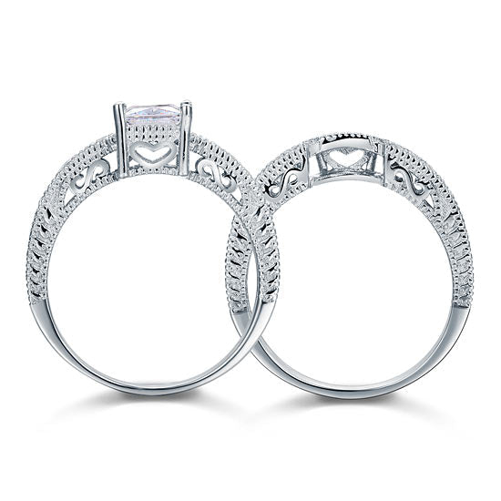 Vintage Style Victorian Art Deco 1 Carat Simulated Diamond Solid Sterling 925 Silver 2-Pc Wedding Engagement Ring Set XFR8104