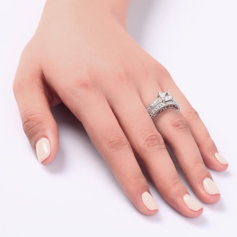 Vintage Style Victorian Art Deco 1 Carat Simulated Diamond Solid Sterling 925 Silver 2-Pc Wedding Engagement Ring Set XFR8104