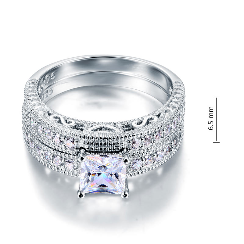 Vintage Style Victorian Art Deco 1 Carat Simulated Diamond Solid Sterling 925 Silver 2-Pc Wedding Engagement Ring Set XFR8104