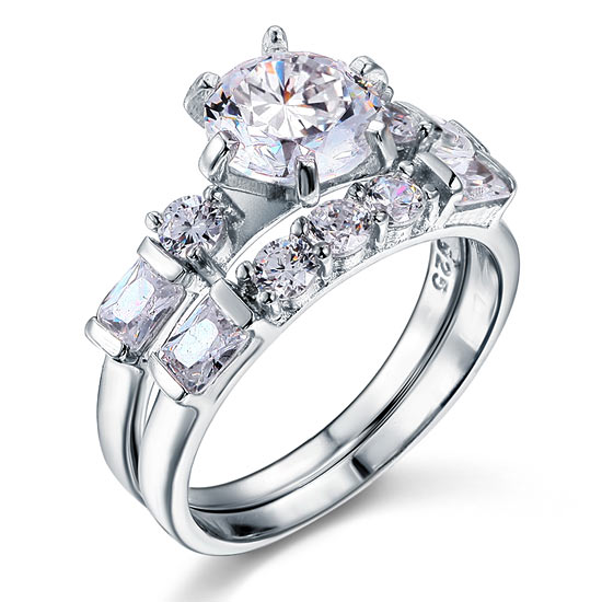 Vintage Style 2 Carat Simulated Diamond Solid Sterling 925 Silver 2-Pc Wedding Engagement Ring Set XFR8105
