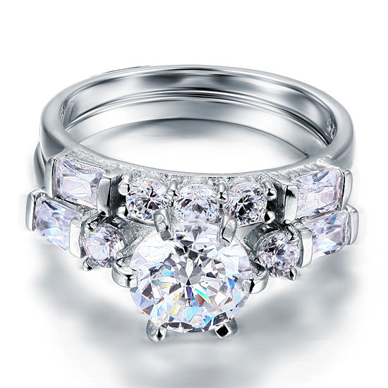 Vintage Style 2 Carat Simulated Diamond Solid Sterling 925 Silver 2-Pc Wedding Engagement Ring Set XFR8105