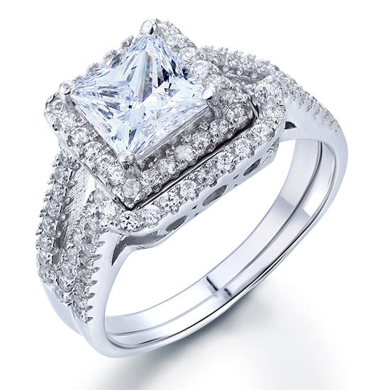 1.5 Carat Princess Simulated Diamond Solid 925 Sterling Silver Wedding Promise Engagement Ring Set  XFR8141