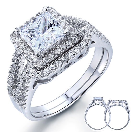 1.5 Carat Princess Simulated Diamond Solid 925 Sterling Silver Wedding Promise Engagement Ring Set  XFR8141