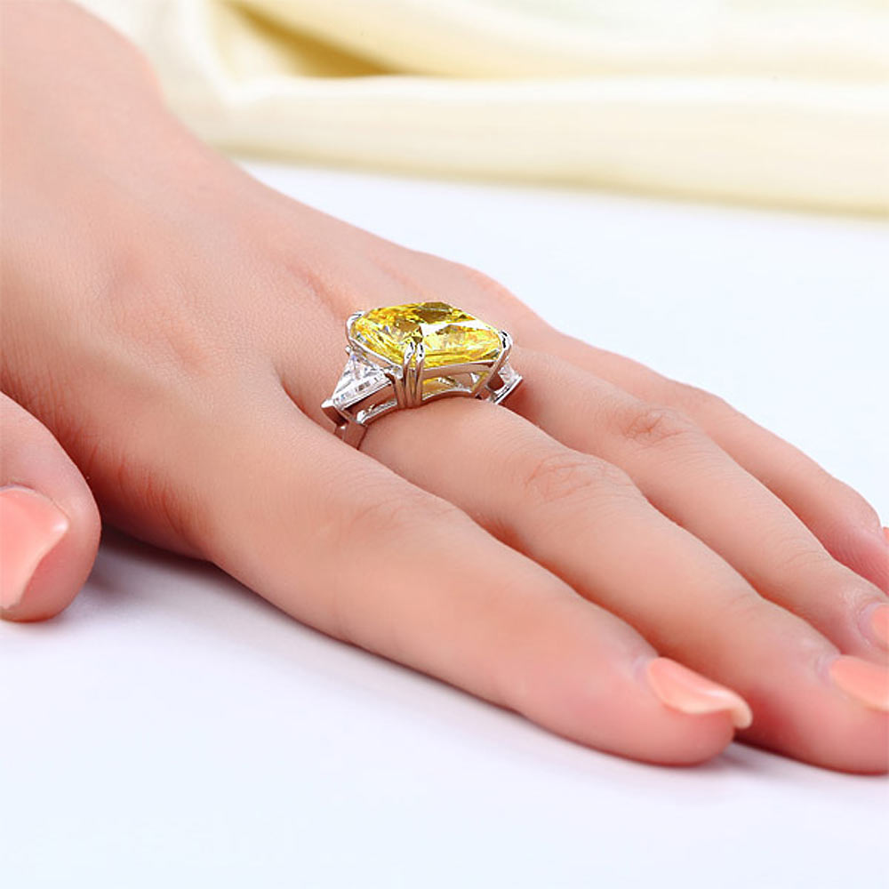 Solid 925 Sterling Silver Three-Stone Luxury Ring 8 Carat Yellow Canary Simulated Diamond XFR8157