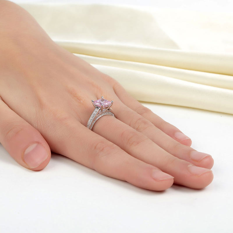 1.5 Carat Princess Cut Fancy Pink Simulated Diamond 925 Sterling Silver Wedding Engagement Ring XFR8195