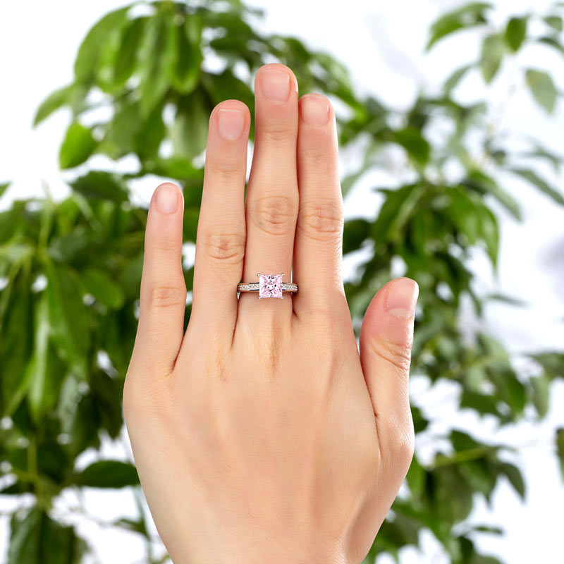 1.5 Carat Princess Cut Fancy Pink Simulated Diamond 925 Sterling Silver Wedding Engagement Ring XFR8195