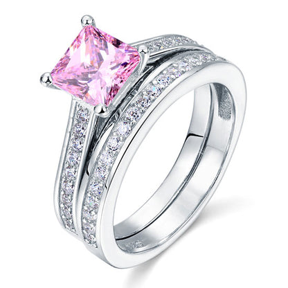 1.5 Carat Princess Cut 2-Pc Fancy Pink Simulated Diamond 925 Sterling Silver Wedding Engagement Ring Set XFR8195S