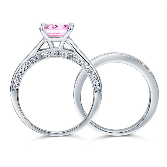 1.5 Carat Princess Cut 2-Pc Fancy Pink Simulated Diamond 925 Sterling Silver Wedding Engagement Ring Set XFR8195S