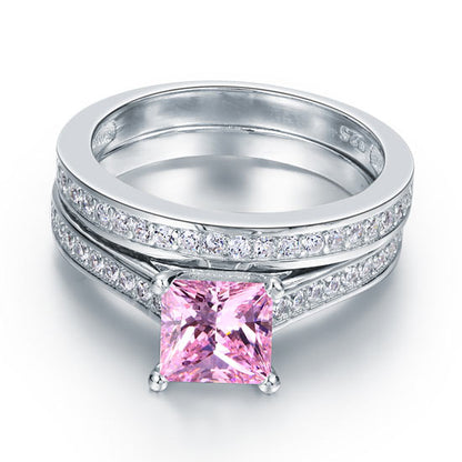 1.5 Carat Princess Cut 2-Pc Fancy Pink Simulated Diamond 925 Sterling Silver Wedding Engagement Ring Set XFR8195S