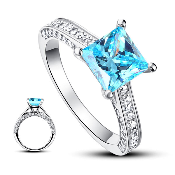 1.5 Carat Princess Cut Fancy Blue Simulated Diamond 925 Sterling Silver Wedding Engagement Ring XFR8196