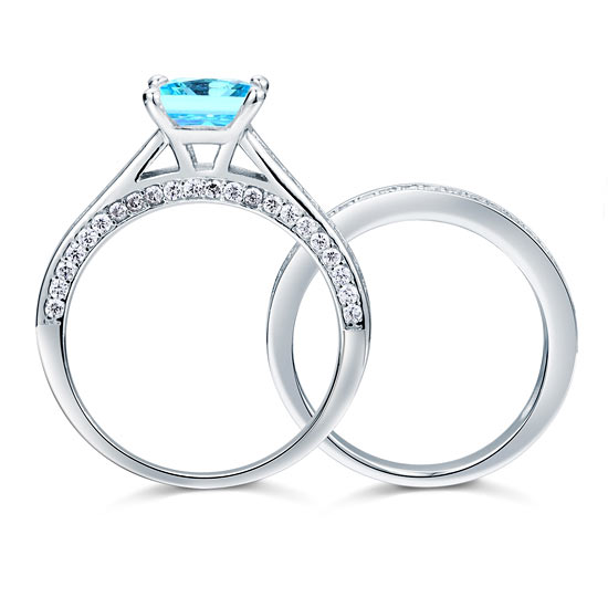 1.5 Carat Princess Cut 2-Pcs Fancy Blue Simulated Diamond 925 Sterling Silver Wedding Engagement Ring Set XFR8196S