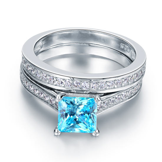 1.5 Carat Princess Cut 2-Pcs Fancy Blue Simulated Diamond 925 Sterling Silver Wedding Engagement Ring Set XFR8196S