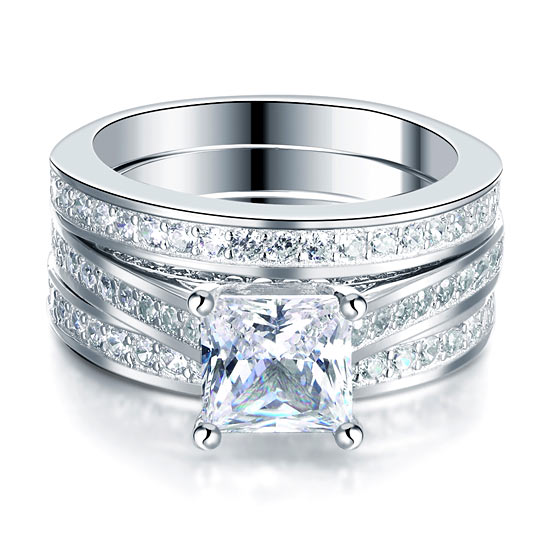 925 Sterling Silver 3 Pcs Wedding Engagement Ring Set Simulated Diamond XFR8197