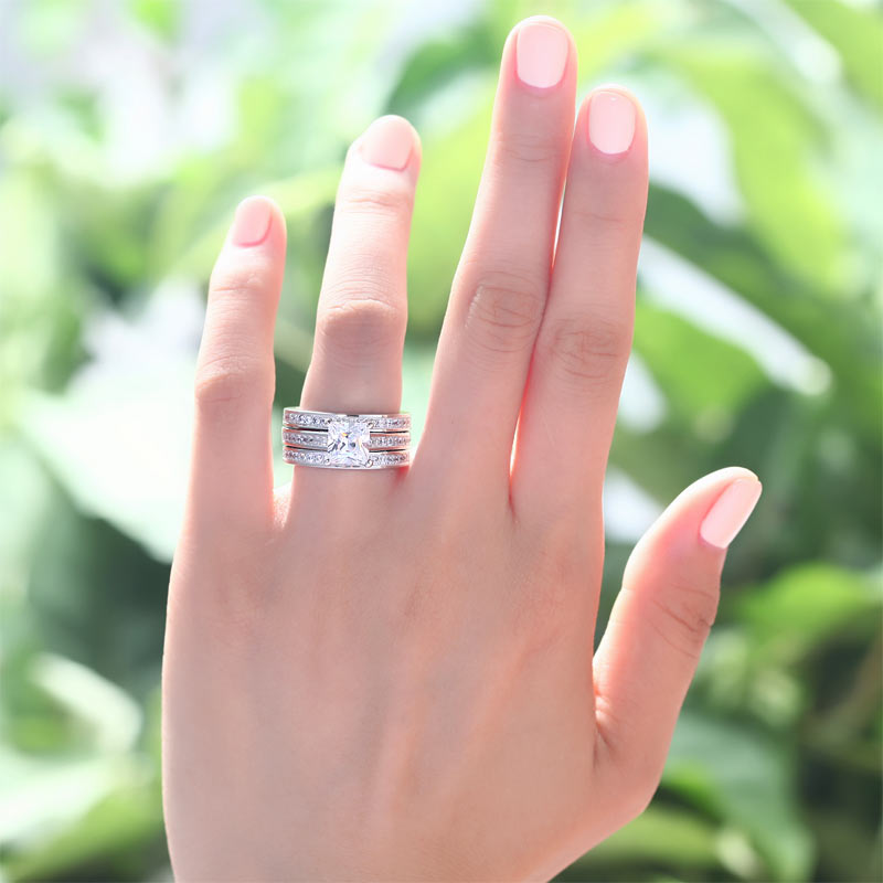 925 Sterling Silver 3 Pcs Wedding Engagement Ring Set Simulated Diamond XFR8197